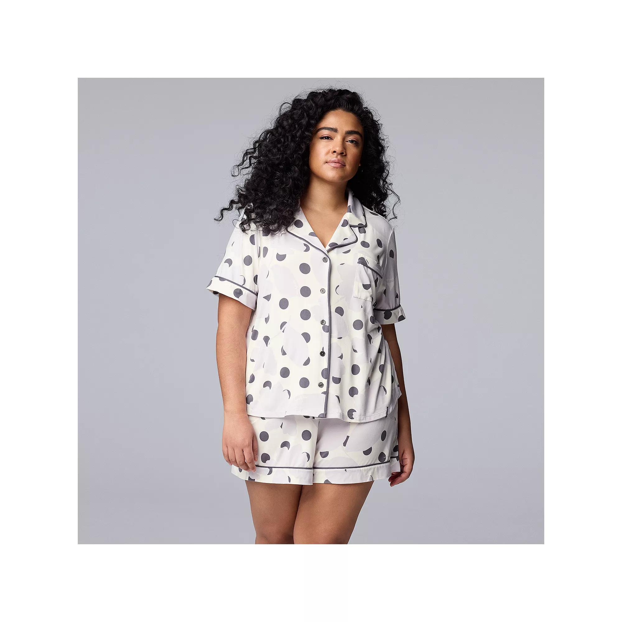 Plus Size Simply Vera Vera Wang Cozy Short Sleeve Notch Collar Pajama Top & Boxer Pajama Shorts Set, Women's, Size: 1XL, Ivory Floral Product Image