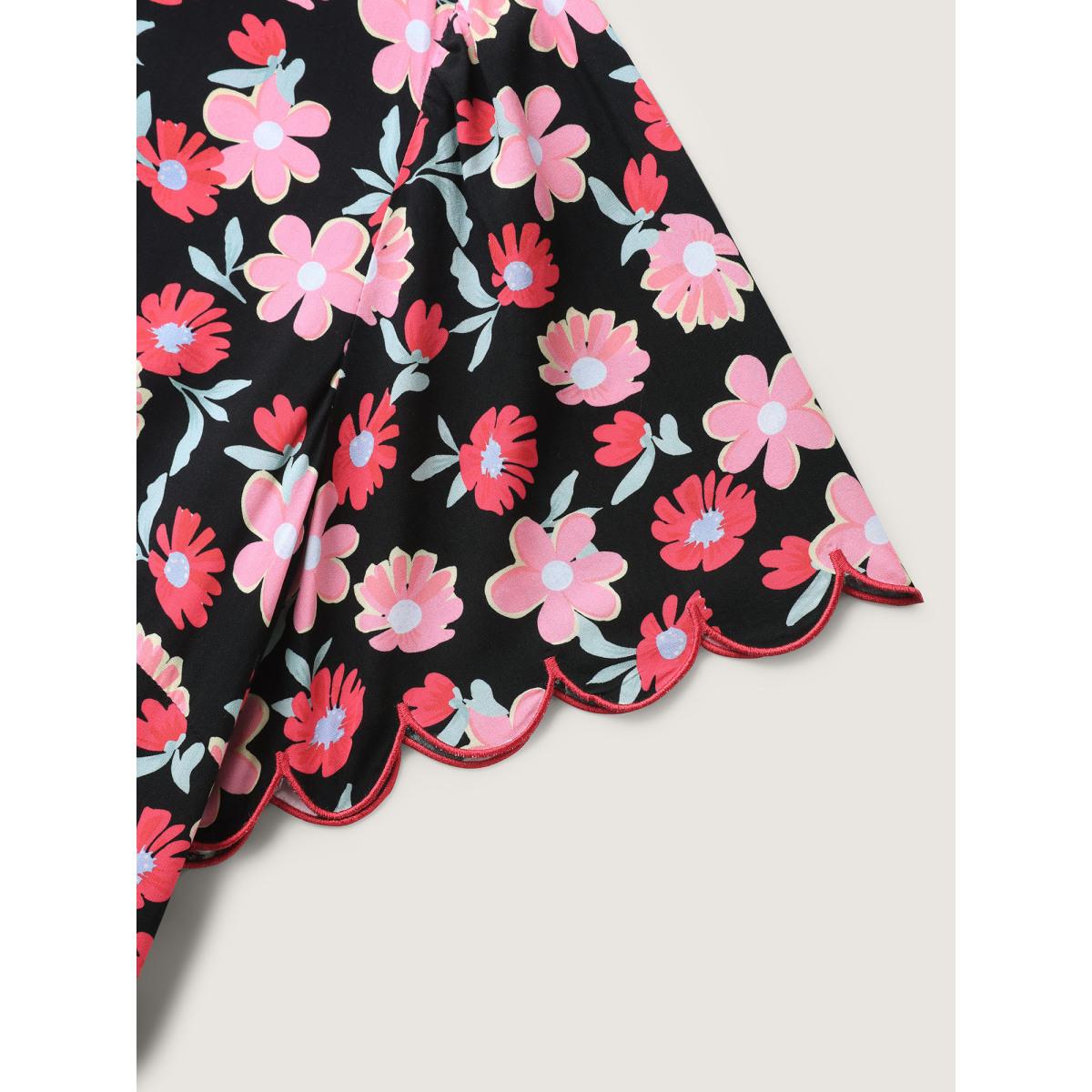 Plus Size Floral Radiance Flared Scalloped Sleeve Midi Dress BlackFlower Women V-neck Short sleeve Curvy BloomChic 28/5X Product Image