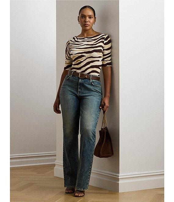 Lauren Ralph Lauren Plus Size Stretch Cotton Zebra Boat Neck Elbow Sleeve Tee Product Image
