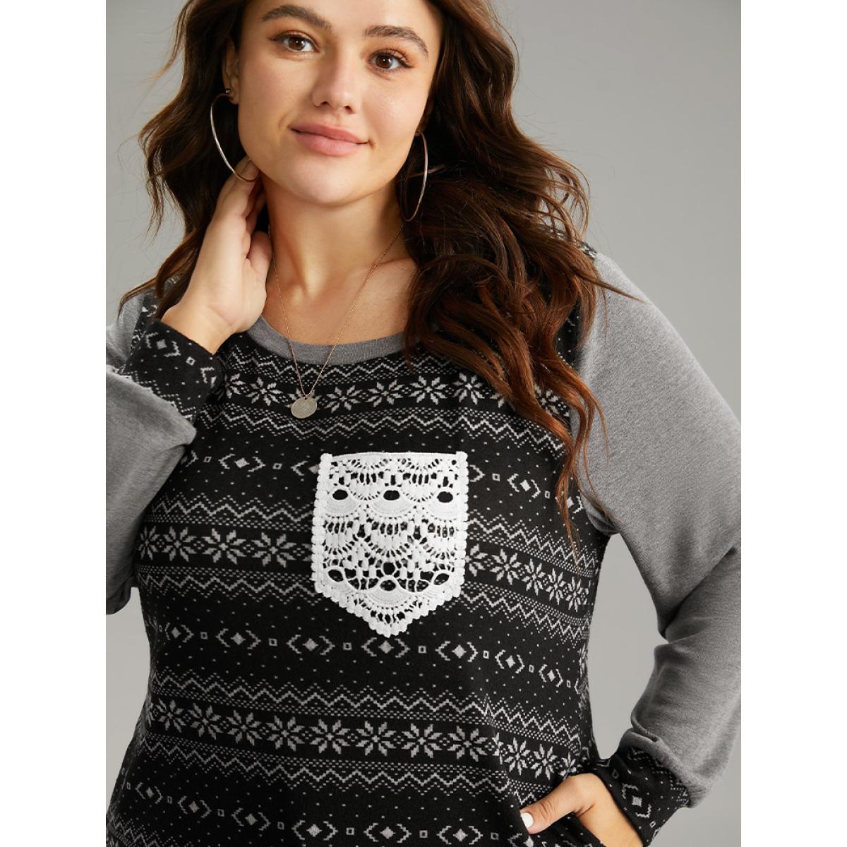 Plus Size Boho Print Patchwork Lace Panel T-shirt Black Women Casual Printed Bohemian Print Round Neck Dailywear T-shirts BloomChic 14-16/1X Product Image