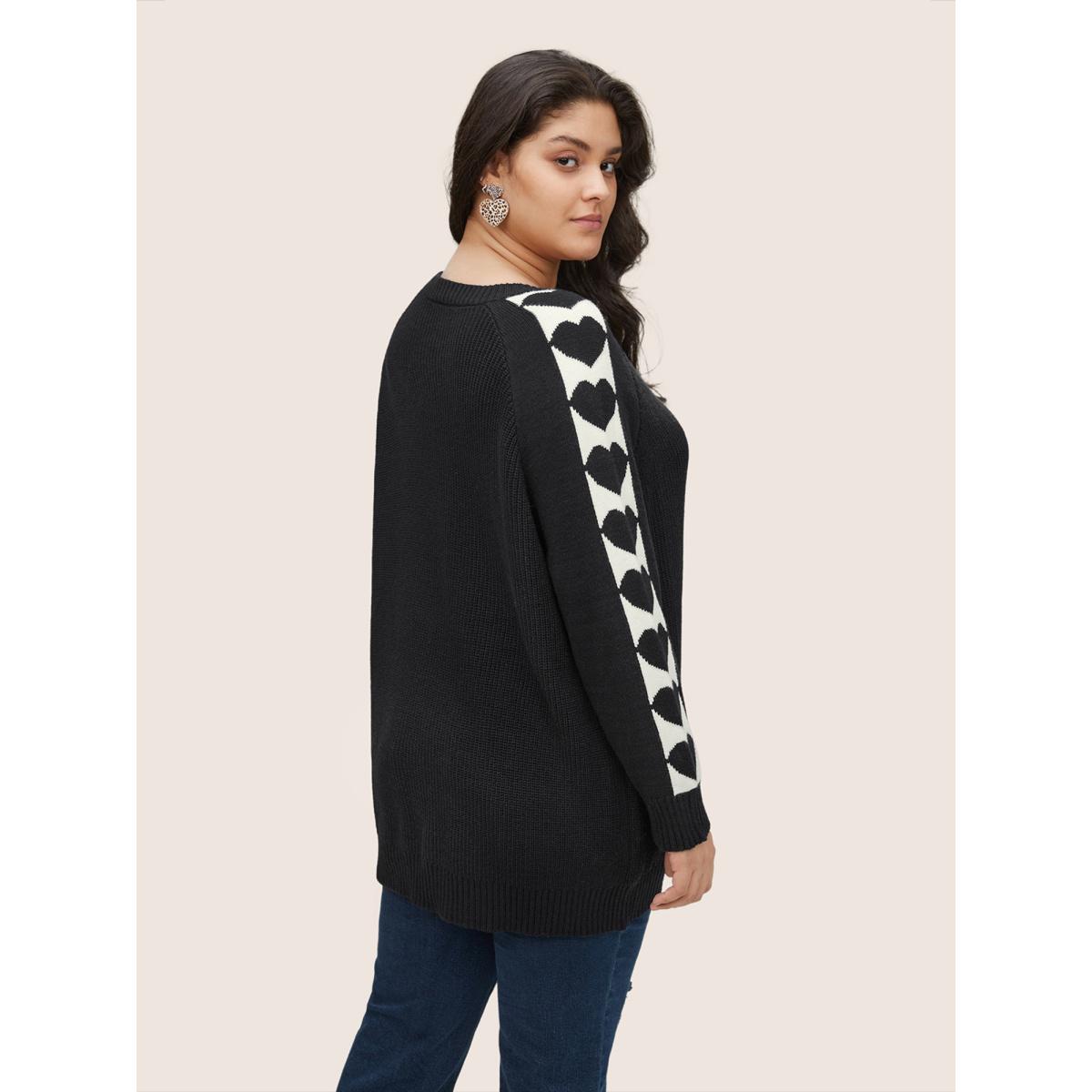 Plus Size Supersoft Essentials Heart Patchwork V Neck Raglan Sleeve Pullover Black Women Casual Loose Long Sleeve V-neck Dailywear Pullovers BloomChic 14-16/1X Product Image