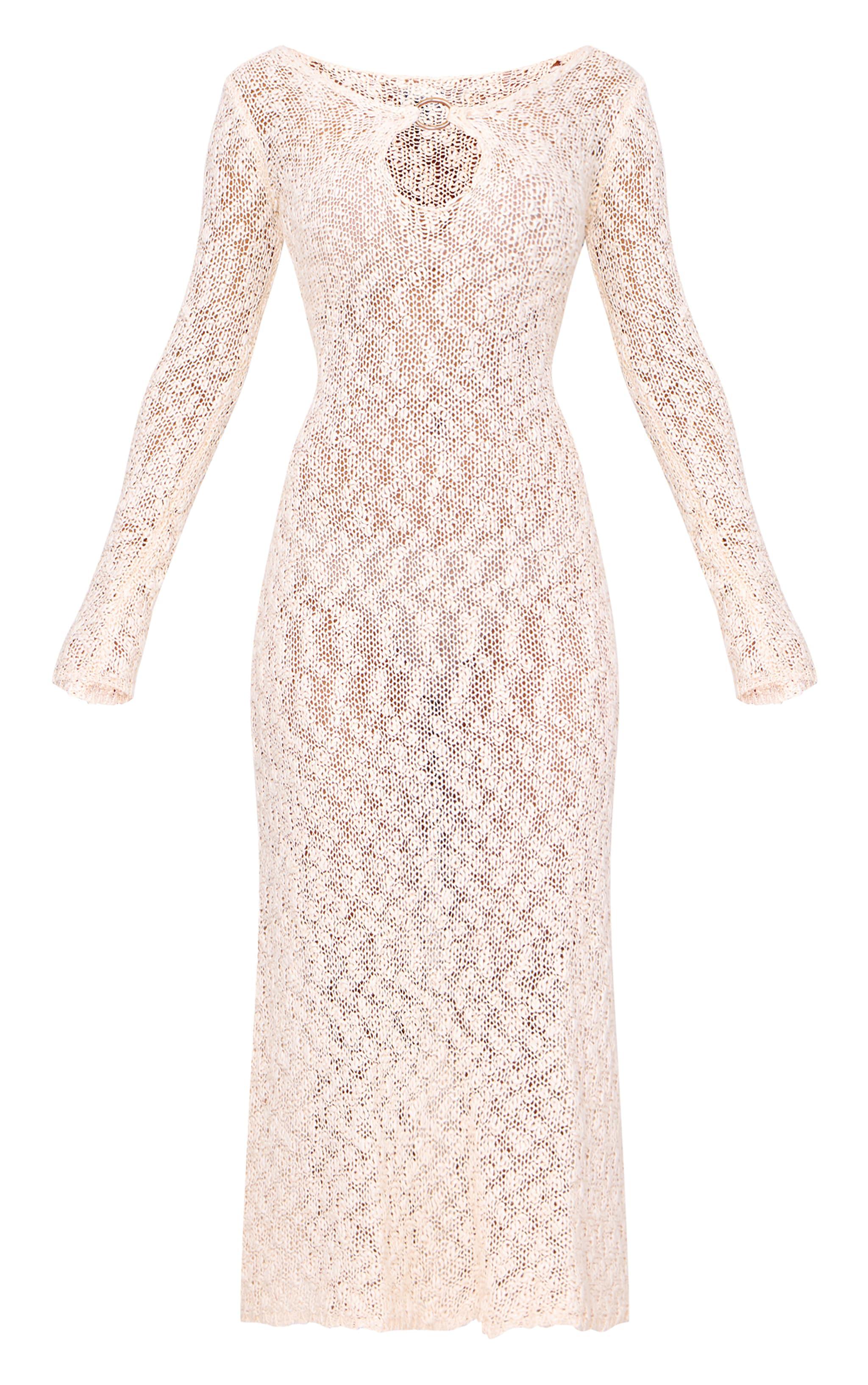Oatmeal Textured Crochet Knit Long Sleeve Maxi Dress Product Image