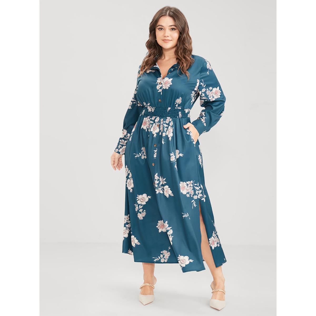 Plus Size Floral Button Up Pocket Split Shirred Shirt Collar Dress Aegean Women Elegant Printed Shirt collar Long Sleeve Curvy Midi Dress BloomChic 14-16/1X Product Image
