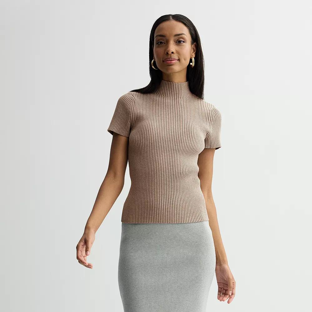 Petite Nine West Ribbed Mockneck Short Sleeve Top, Women's, Size: XL Petite, Medium Beige Product Image