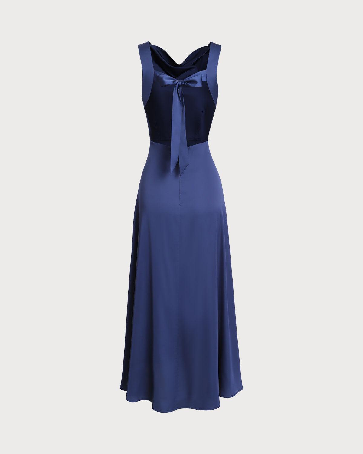 Navy Cowl Neck Satin Sleeveless Maxi Dress Product Image
