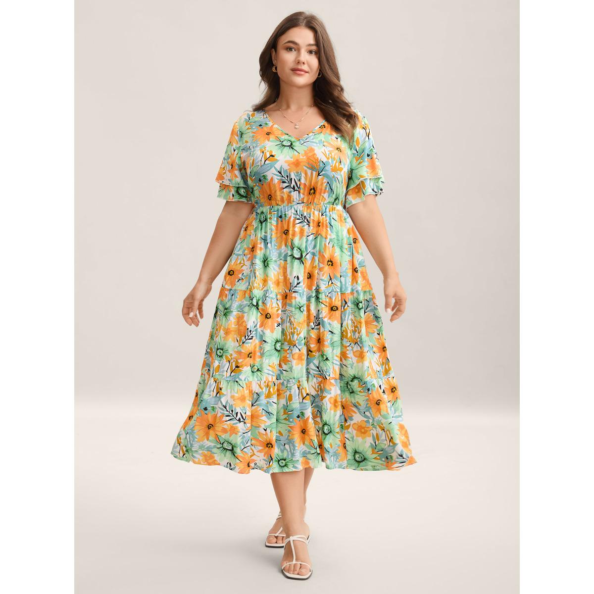 Plus Size Floral Print Rayon Pockets Tiered Midi Dress Beige Women V-neck Short sleeve Curvy BloomChic 10/M Product Image
