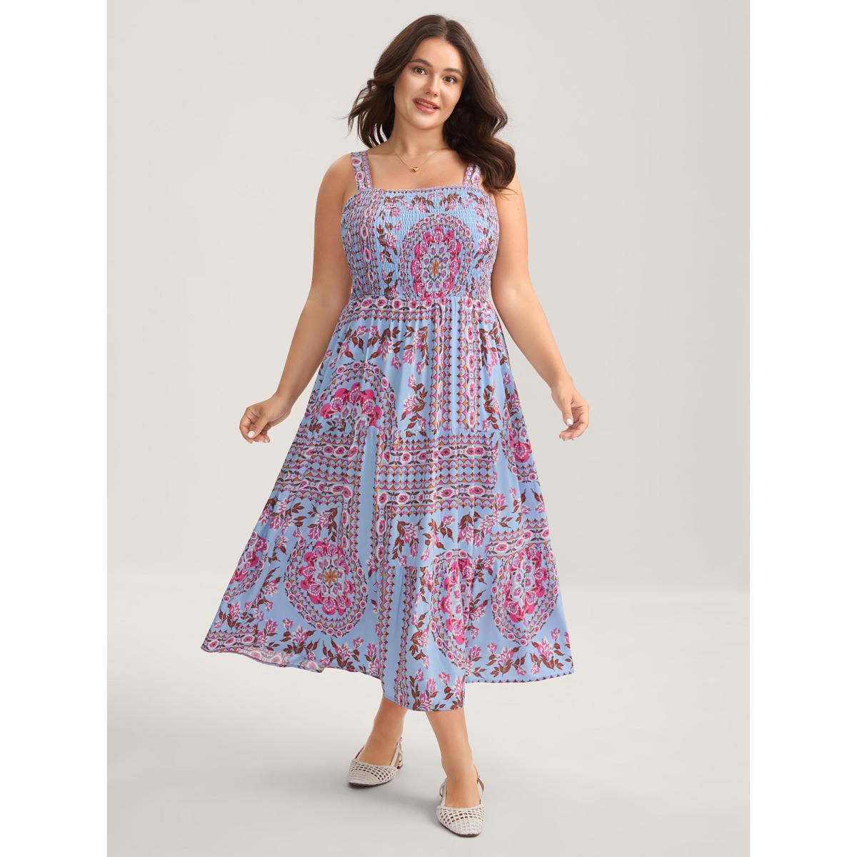 Plus Size Rayon Floral Print Shirred Pockets Midi Dress Stone Women Square Neck Sleeveless Curvy BloomChic 30/6X Product Image