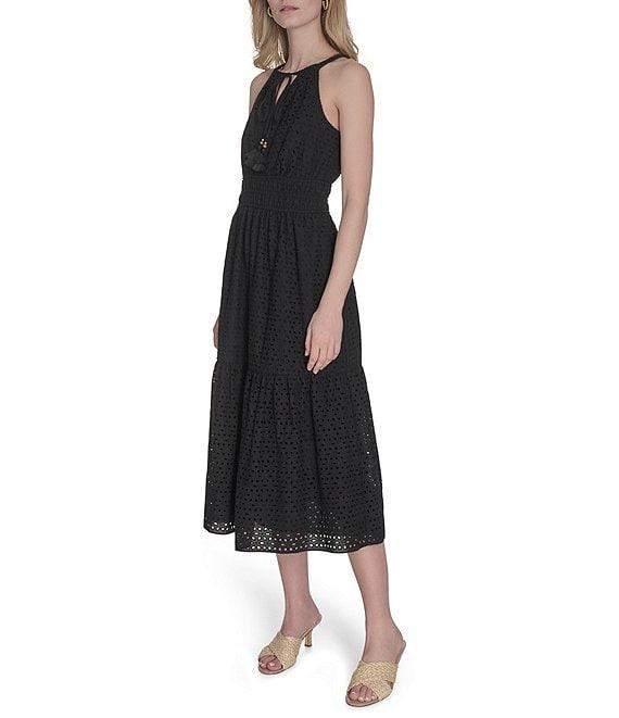 Vince Camuto Halter Neck Sleeveless Embroidered Midi Dress Product Image