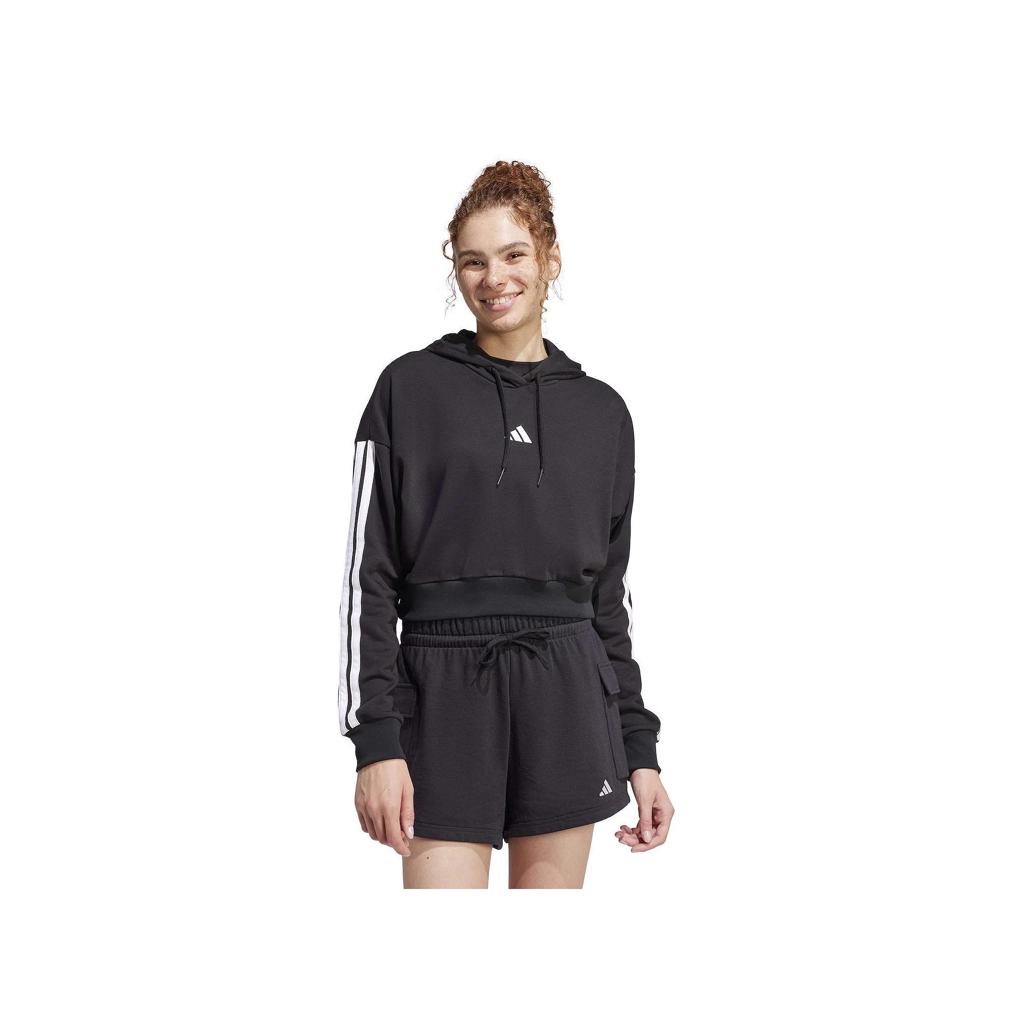 adidas Essentials 3-Stripes French Terry Crop Hoodie Black XS Womens Product Image