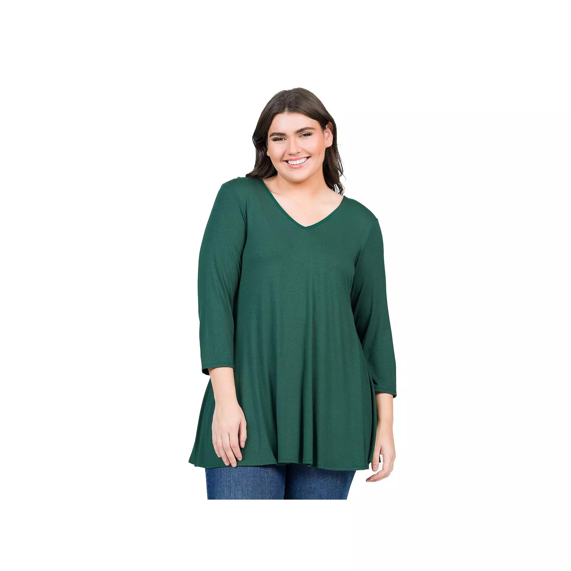 Plus Size 24Seven Comfort Apparel Quarter Sleeve V-Neck Tunic Top, Womens Green Product Image