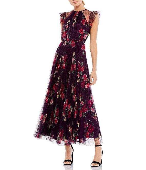 Mac Duggal Ruffle Trim Swiss Dot Lace Floral Print Midi Dress Product Image