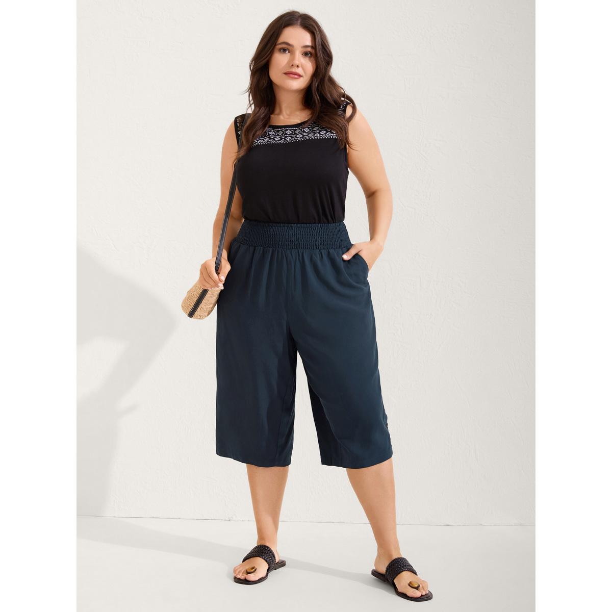 Plus Size Shirred Waist Solid Straight-Leg Pants Women Midnight Leisure Straight Leg Mid Rise Vacation Pants BloomChic 28/5X Product Image