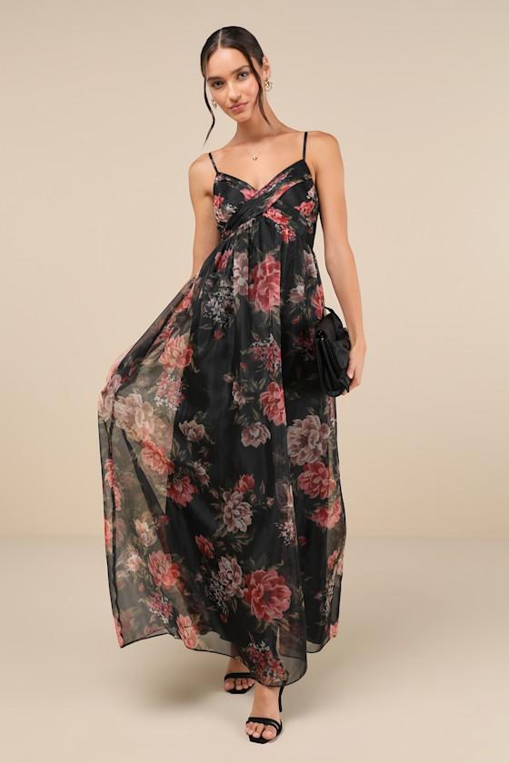 Truly Extraordinary Black Floral Organza Pleated Maxi Dress Product Image