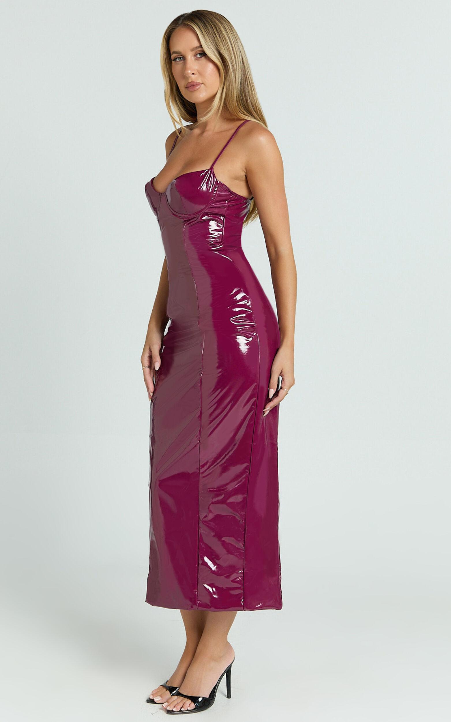 Callie Midi Dress - PU Sweetheart Neck Back Split Bodycon Dress in Dark Cherry Product Image