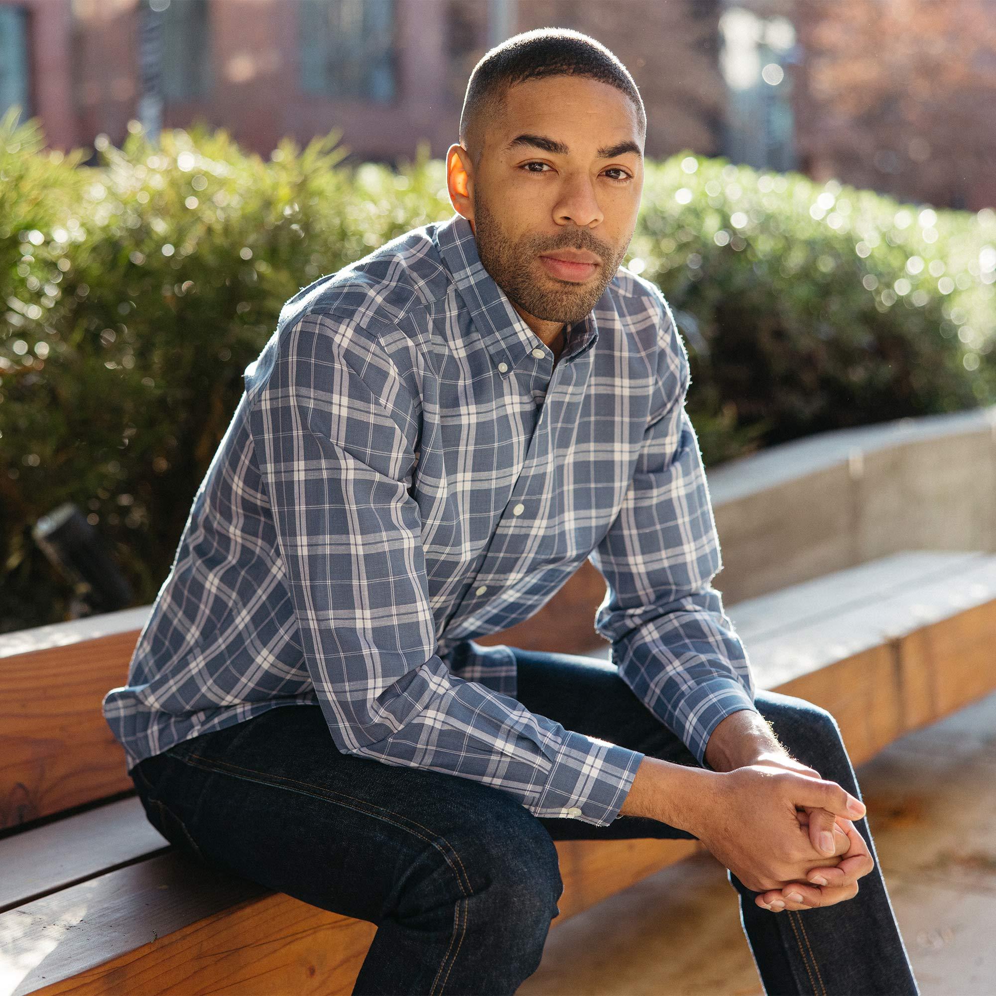 Merino Wool and Linen Button-Down Shirt | Blue & White Plaid Product Image