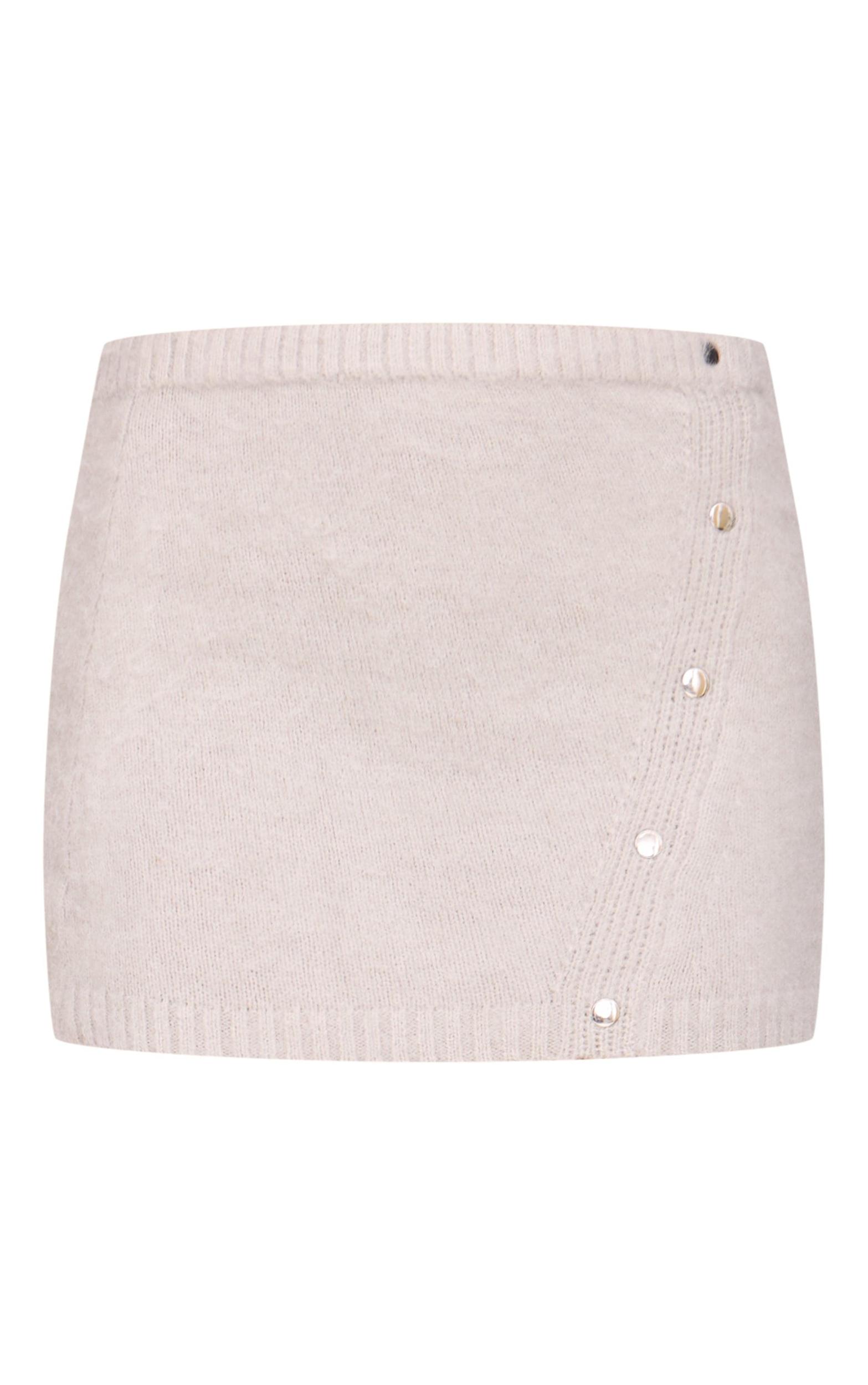 Grey Soft Knit Asymmetric Popper Detail Mini Skirt Product Image