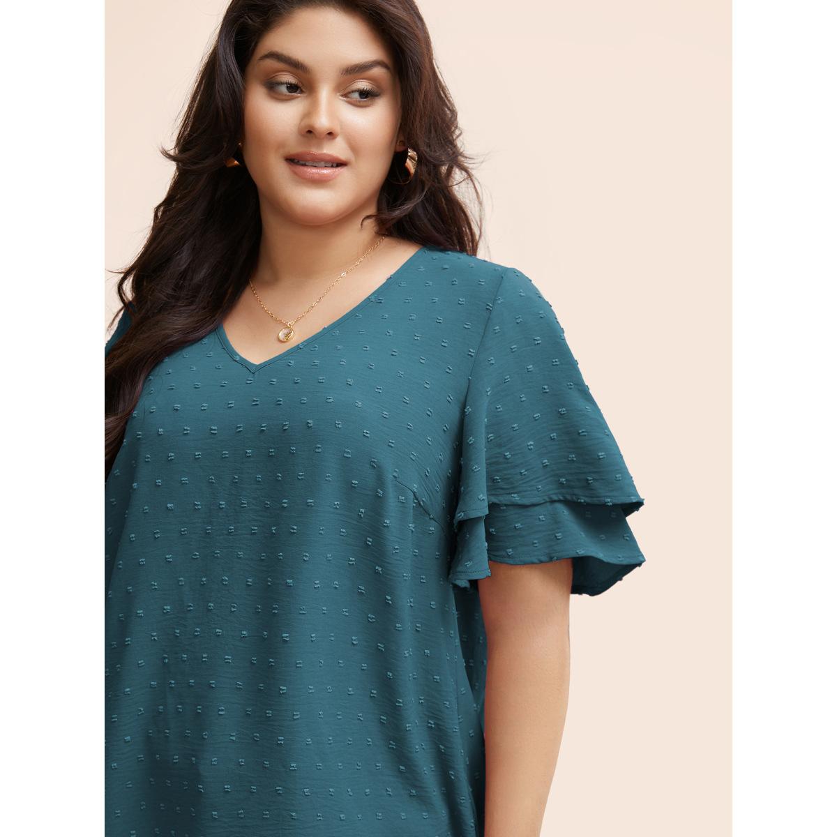Plus Size Cerulean Plain Ruffle Tiered Sleeve V Neck Polka Dot Blouse Women Timeless Short sleeve V-neck Elegant Blouses BloomChic 26/4X Product Image