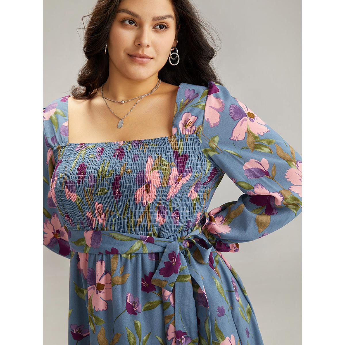 Plus Size Floral Print Puff Sleeve Belted Shirred Dress Stone Women Elegant Elastic cuffs Square Neck Long Sleeve Curvy Midi Dress BloomChic 22-24/3X Product Image