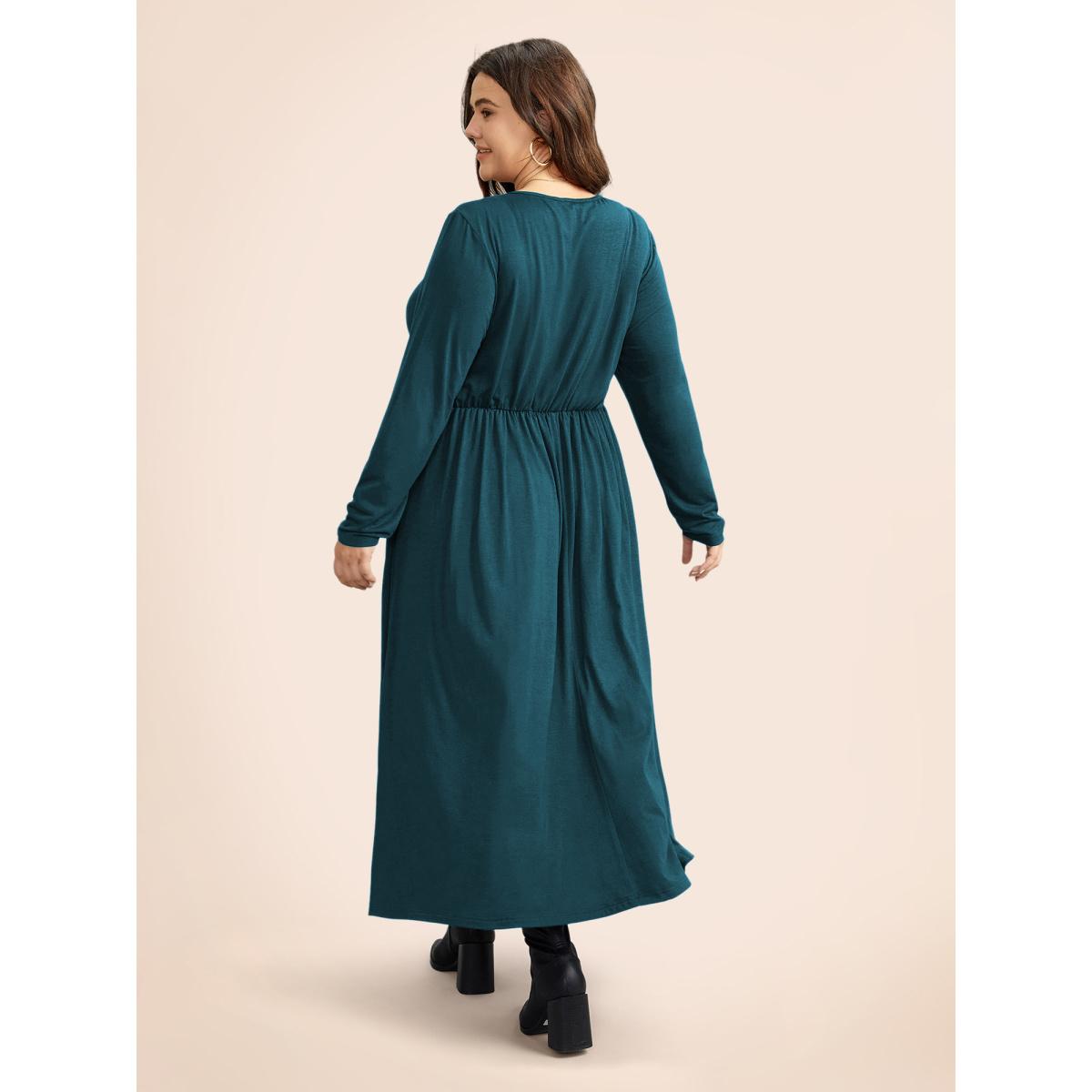 Plus Size Supersoft Essentials Ruched Wrap Pleated Hem Dress Aegean Women Casual Non Overlap Collar Long Sleeve Curvy Midi Dress BloomChic 12/L Product Image