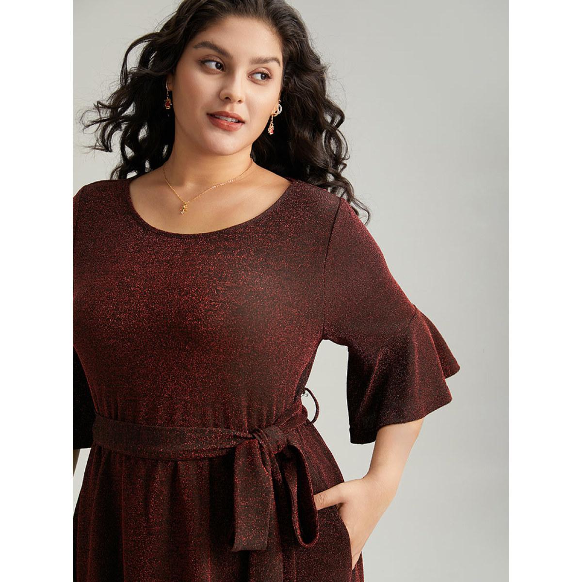 Plus Size Lurex Belted Flutter Sleeve Dress Raspberry Women Elegant Plain Round Neck Elbow-length sleeve Curvy Midi Dress BloomChic 14-16/1X Product Image