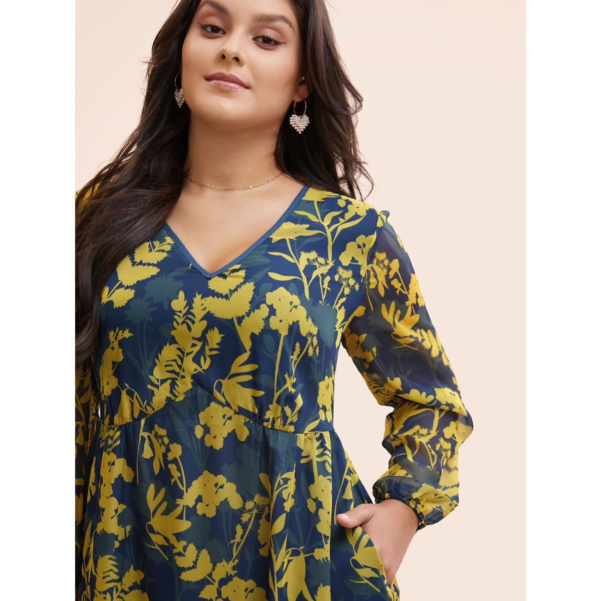 Plus Size V Neck Silhouette Floral Print Mesh Dress Navy Women Elegant Gathered V-neck Long Sleeve Curvy BloomChic 12/L Product Image
