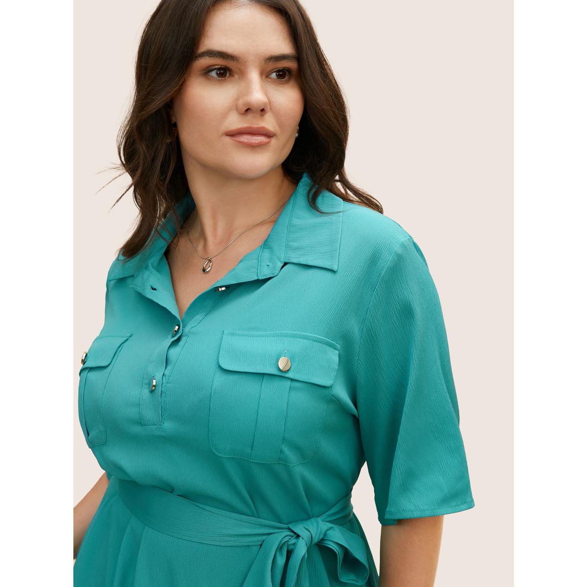 Plus Size Shirt Collar Solid Flap Pocket Split Hem Dress Turquoise Women At the Office Belted Shirt collar Half Sleeve Curvy BloomChic 18-20/2X Product Image