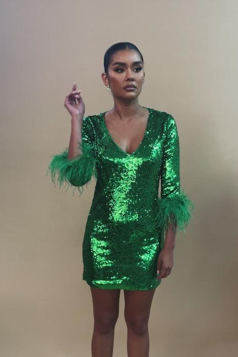 Brooke Sequin Feather Trim Mini Dress - Green Product Image