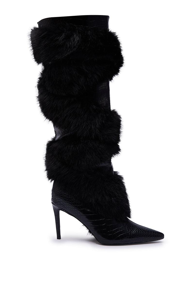 AZALEA WANG CONRADDE BLACK MIXED MATERIAL FUR AND SNAKE STILETTO BOOT Product Image