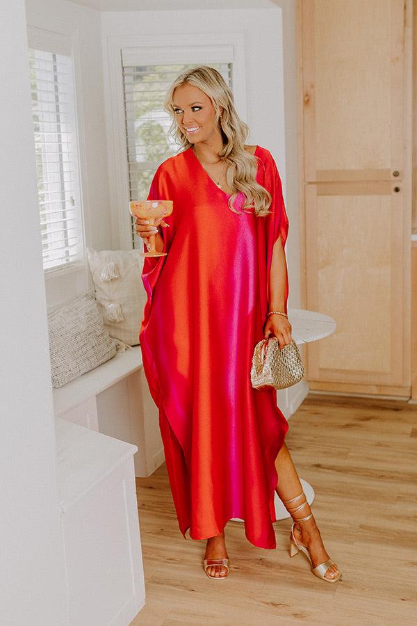 Moonlit Lagoon Satin Caftan Maxi Dress in Red Product Image