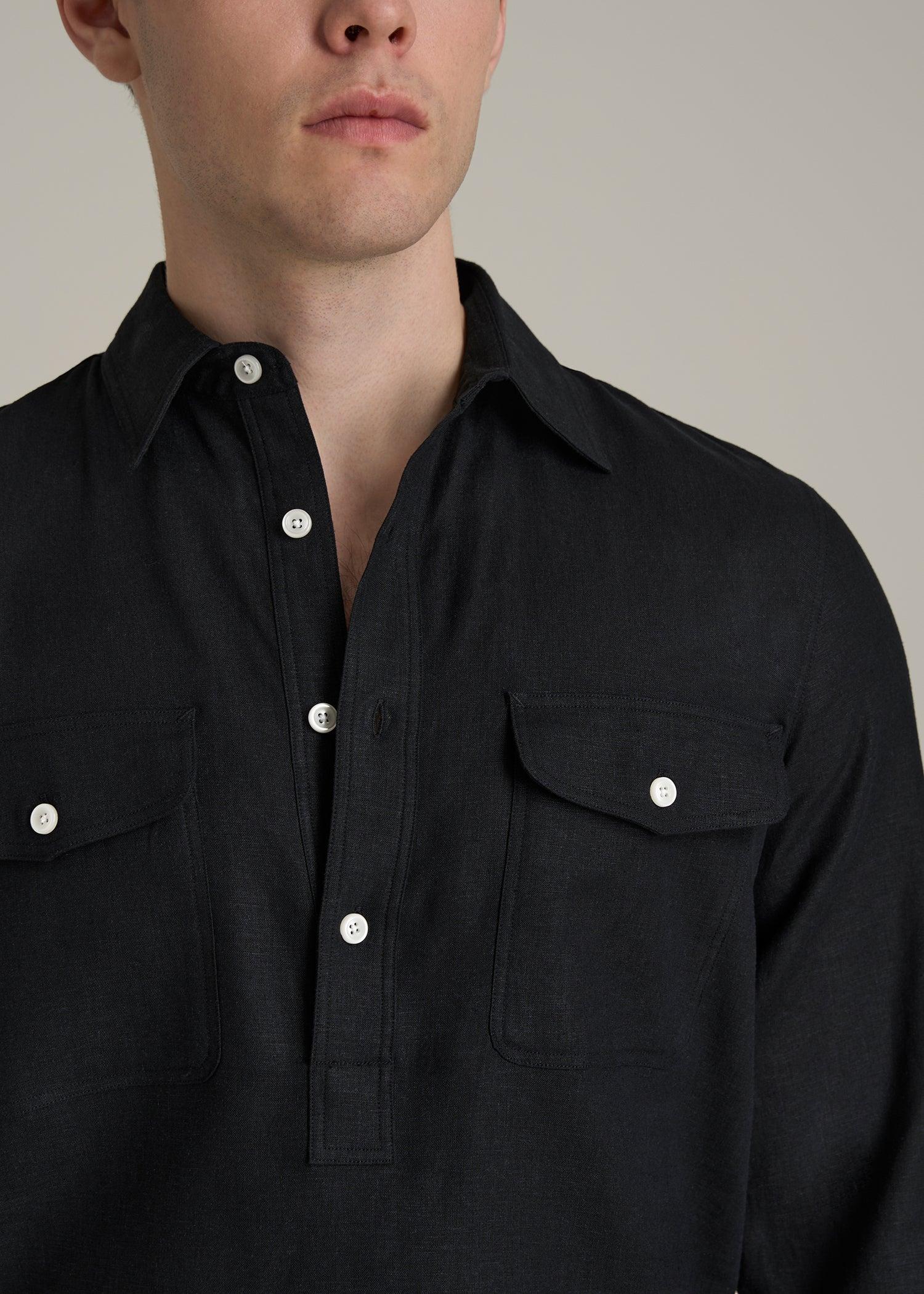 Linen Popover Shirt for Tall Men in Black Male Product Image