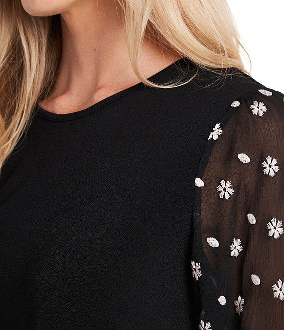 CeCe Floral Embroidered 3/4 Tie Sleeve Crew Neck Knit Top Product Image