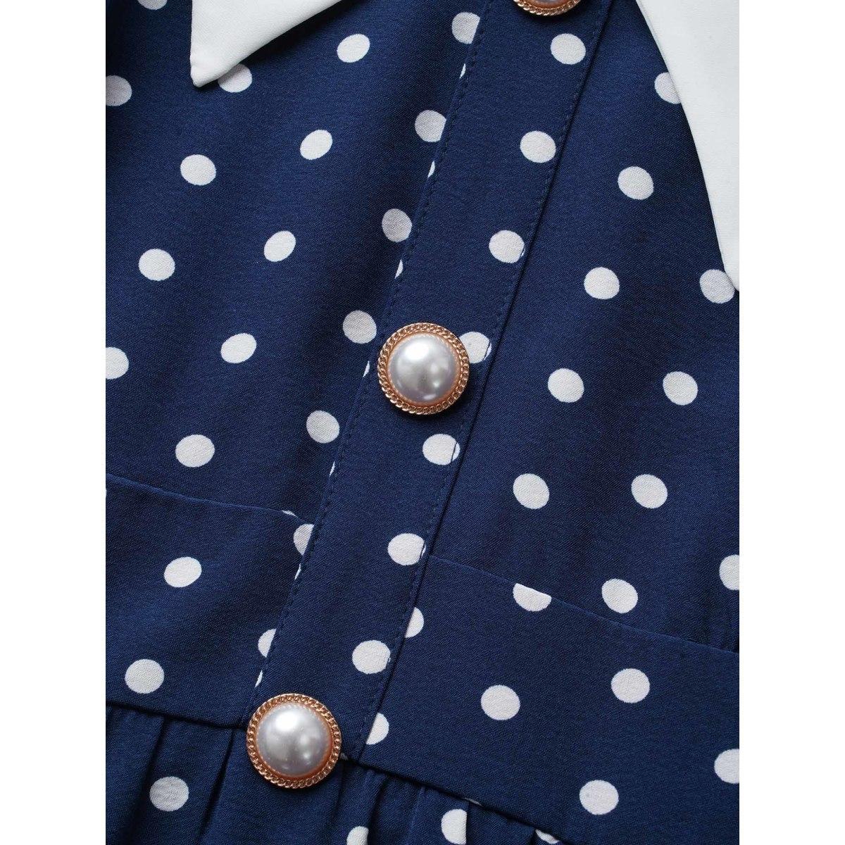 Plus Size Polka Dot Ruffle Cap Sleeve Button Detail Dress Navy Women Elegant Gathered V-neck Cap Sleeve Curvy BloomChic 28/5X Product Image