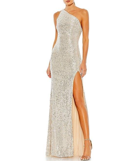 Mac Duggal Sequined Asymmetrical One Shoulder Sleeveless Strappy Open Back Detail Thigh High Slit Gown Product Image