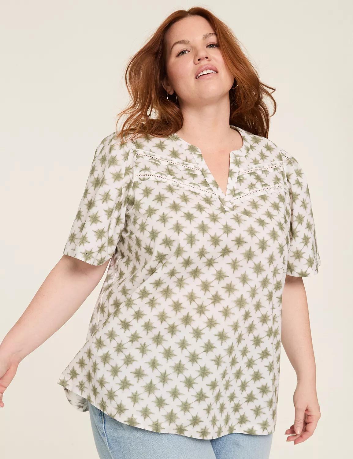 Poplin & Knit Notch-Neck Trim Top Product Image