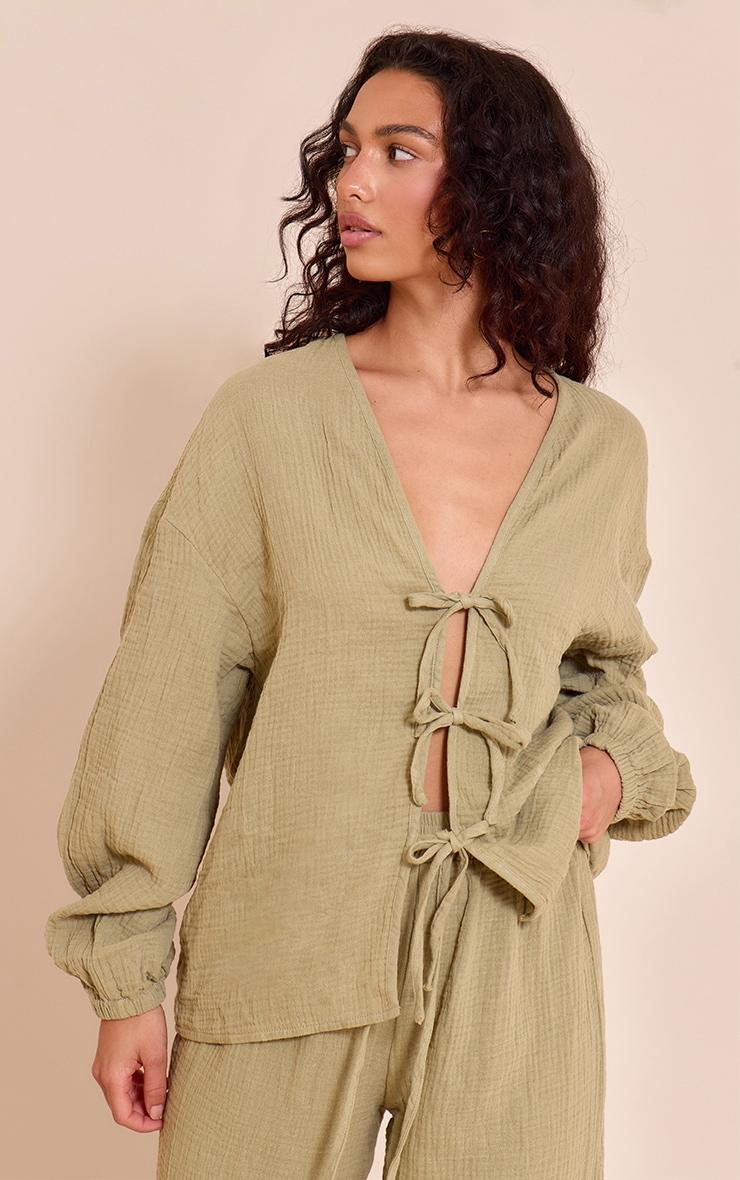 Khaki Cheesecloth Textured Tie Front Shirt Product Image