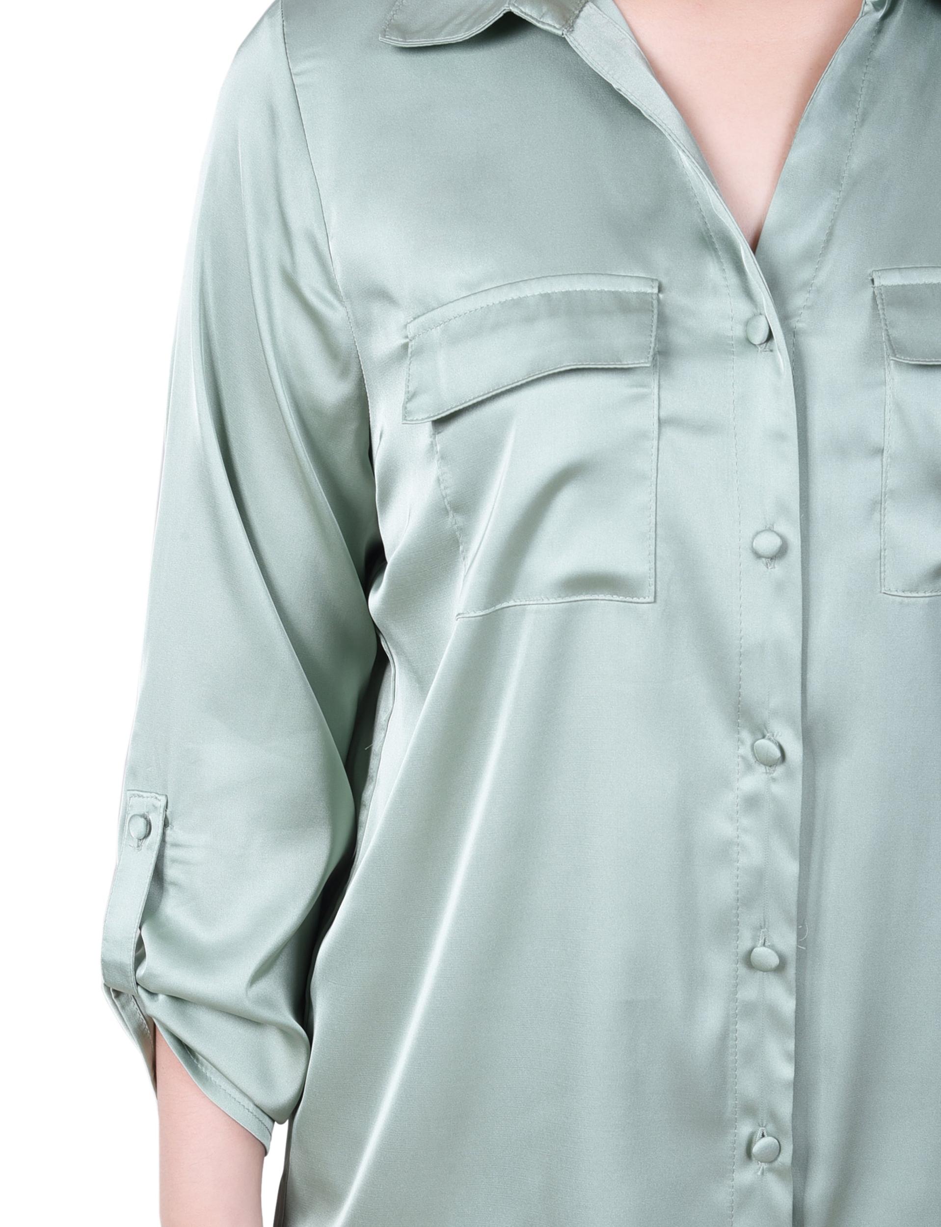 Frosty Green 3/4 Sleeve Roll Tab Satin Blouse Product Image