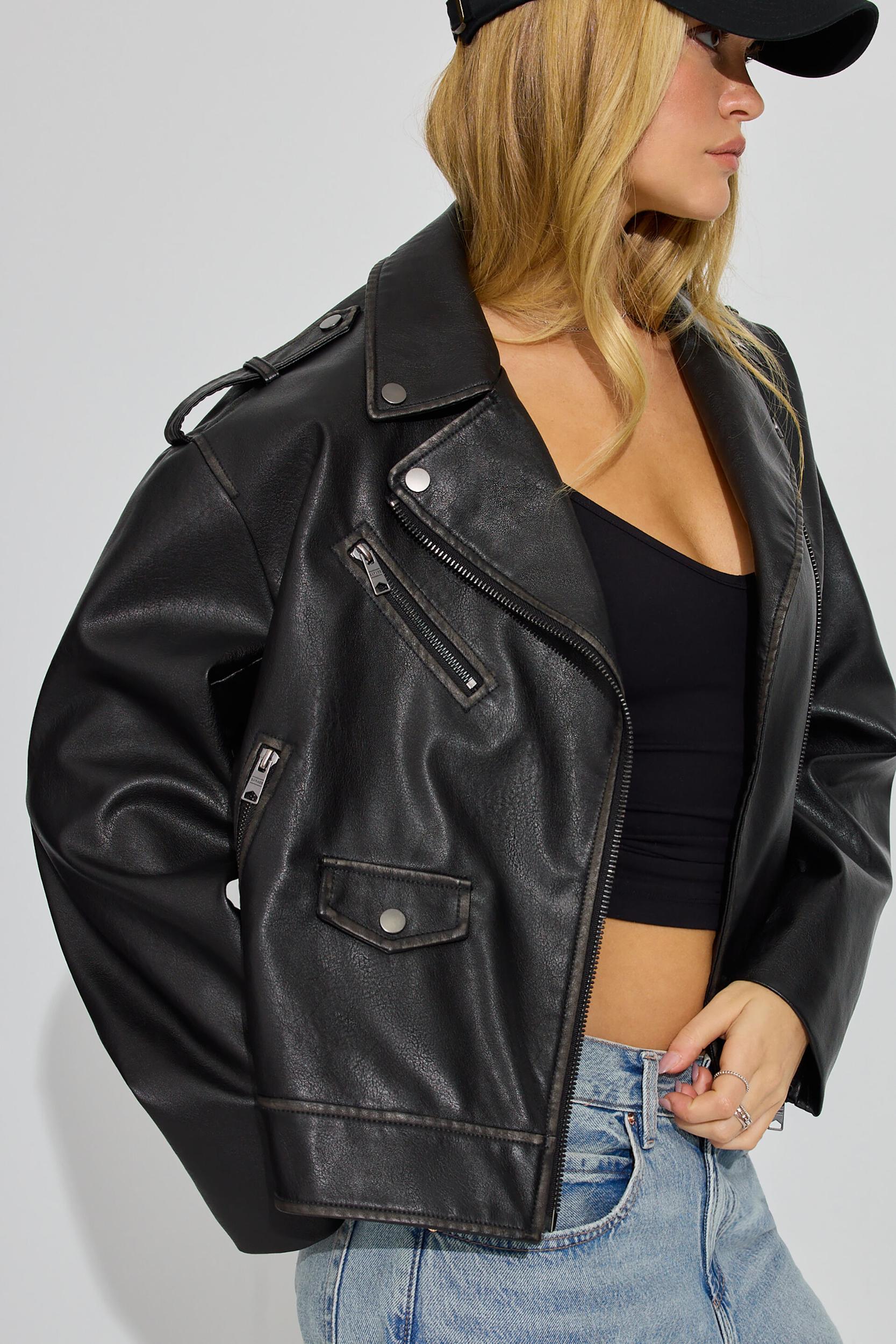 Washed Faux Leather Biker Jacket Product Image