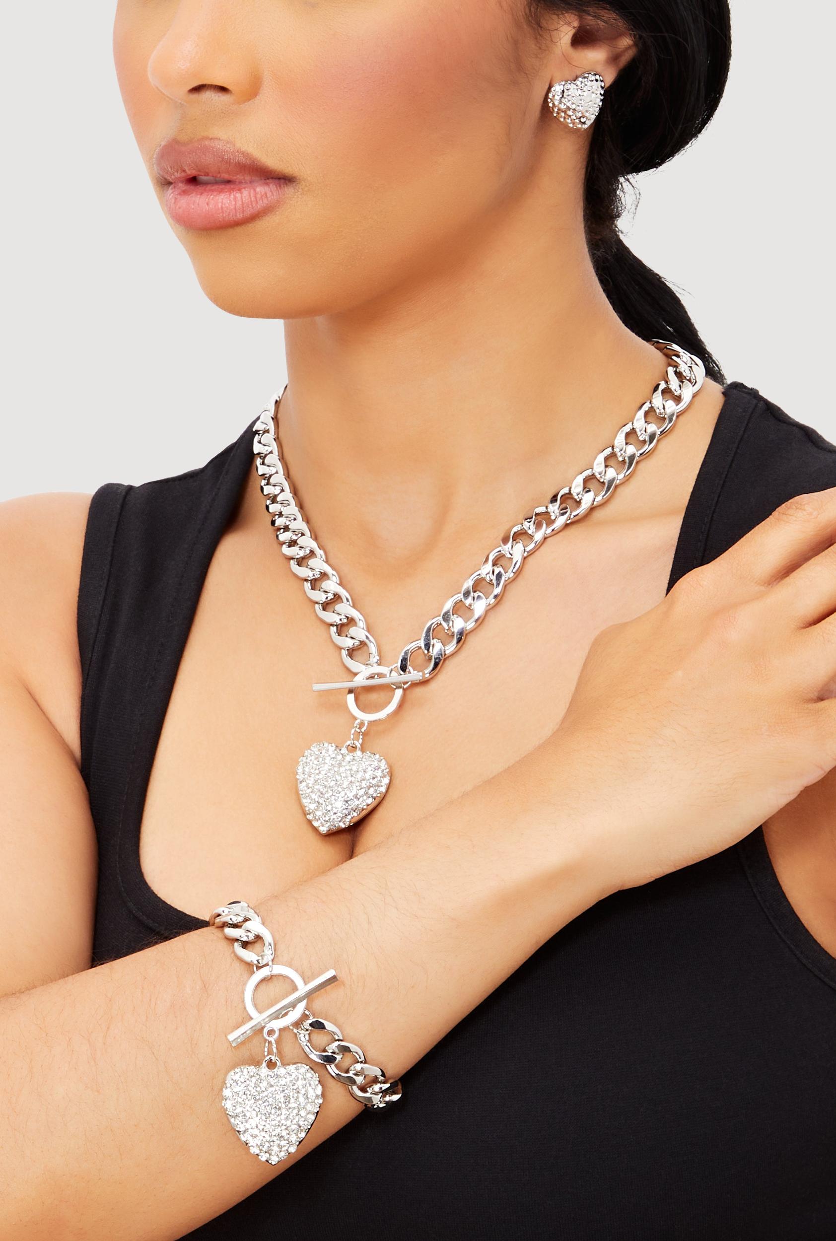 Heart Pendant Toggle Closure Necklace and Bracelet with Stud Earrings Unisex Product Image