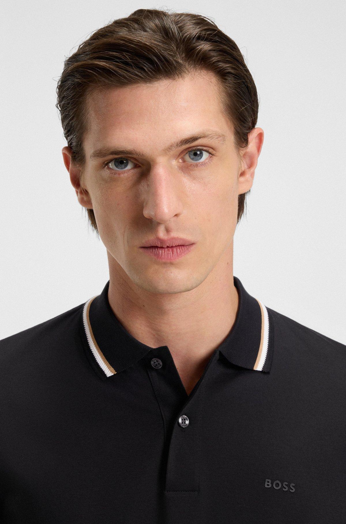 Slim-fit polo shirt in cotton with striped collar Product Image