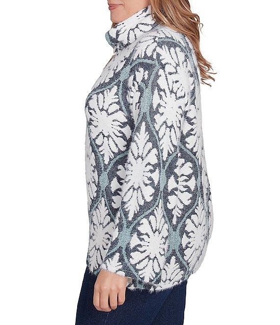 Ruby Rd. Plus Size Jacquard Knit Jewel Tile Cowl Neck Long Sleeve Side Slits Sweater Product Image