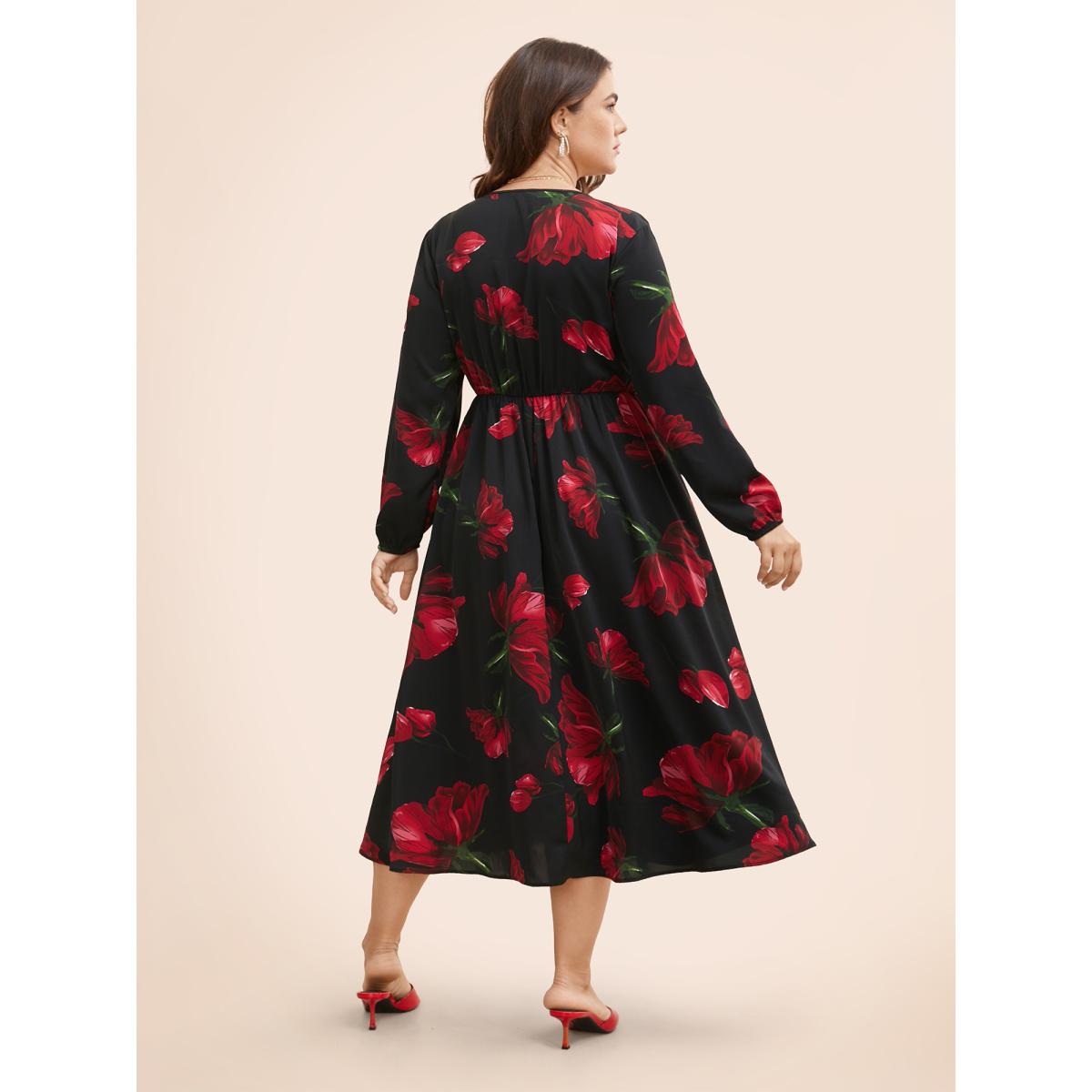 Plus Size Floral Elastic Waist Lantern Sleeve Dress Black Women Elegant Non V-neck Long Sleeve Curvy BloomChic 28/5X Product Image