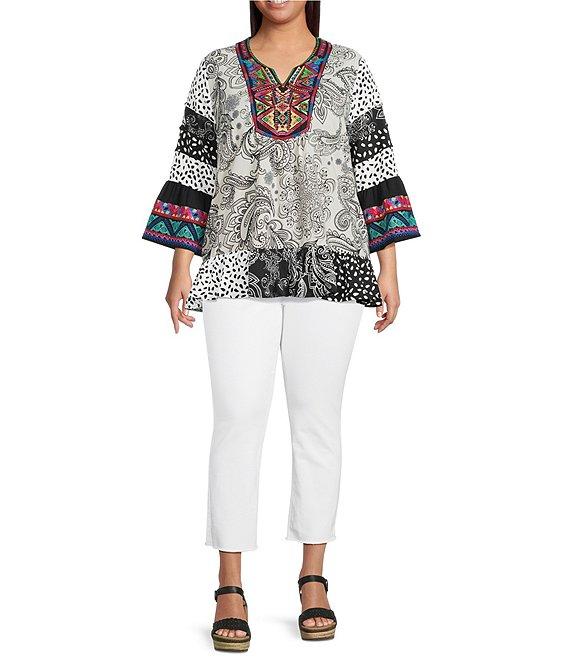 Calessa Plus Size Embroidered Patchwork Print Split V-Neck 3/4 Sleeve Tunic Product Image