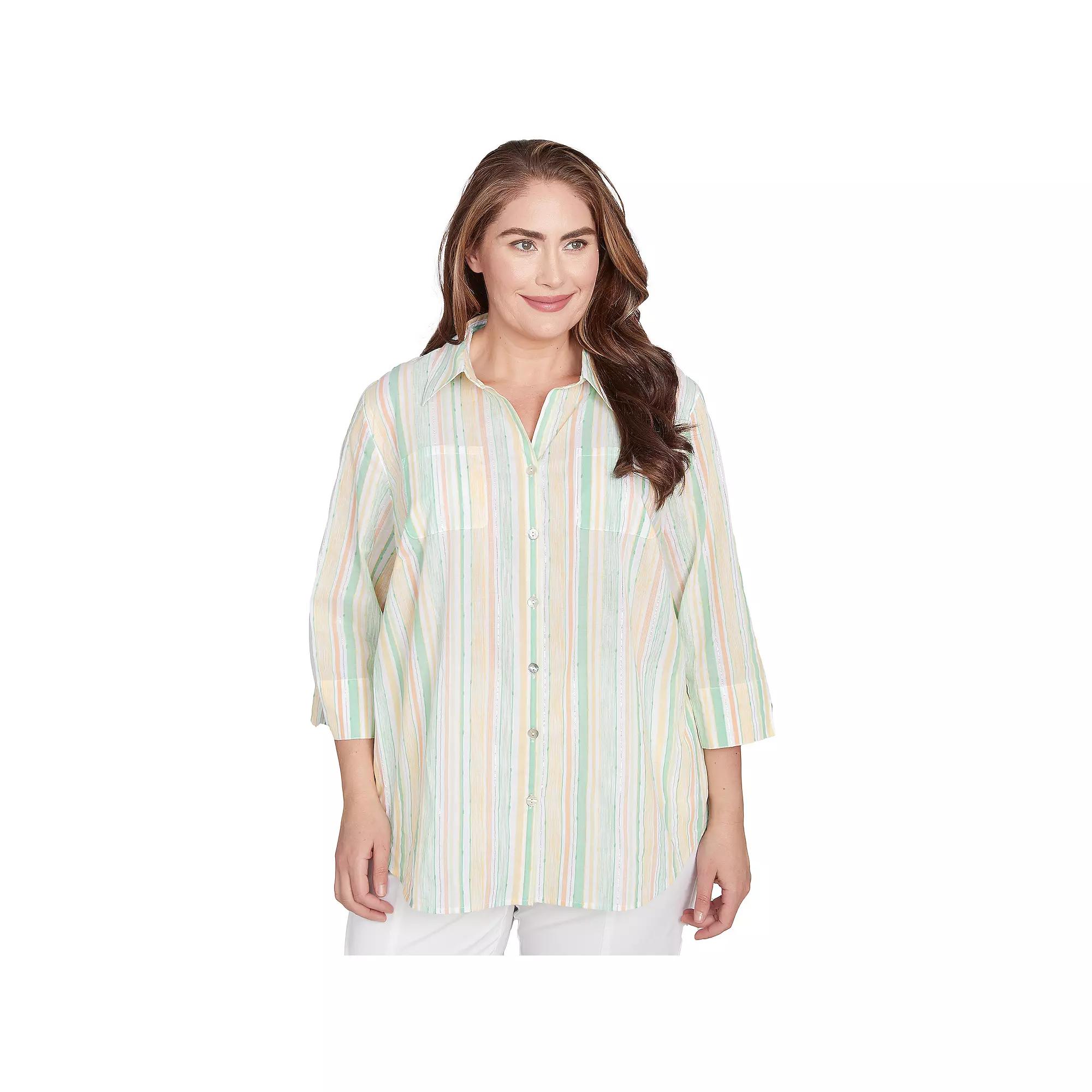 Plus Size Alfred Dunner Sunny Stripes Button Down Top, Women's, Size: 3XL, Green Team Product Image