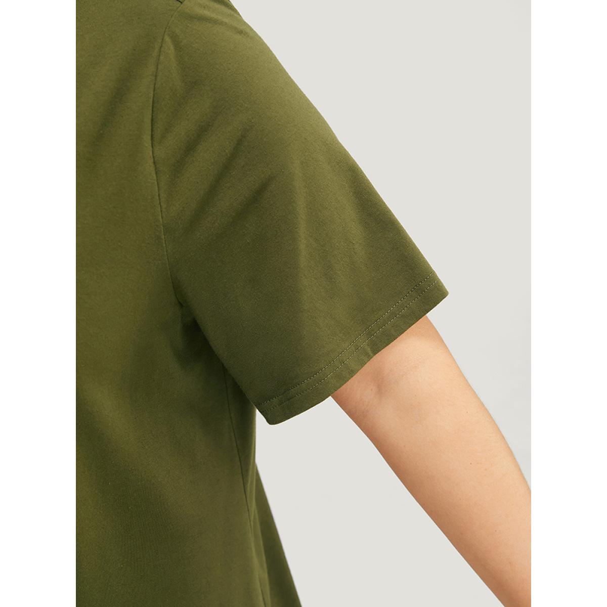 Plus Size Plain Cut Out Short Sleeve T-shirt ArmyGreen Women Casual Cut-Out Plain Round Neck Dailywear T-shirts BloomChic 12/L Product Image