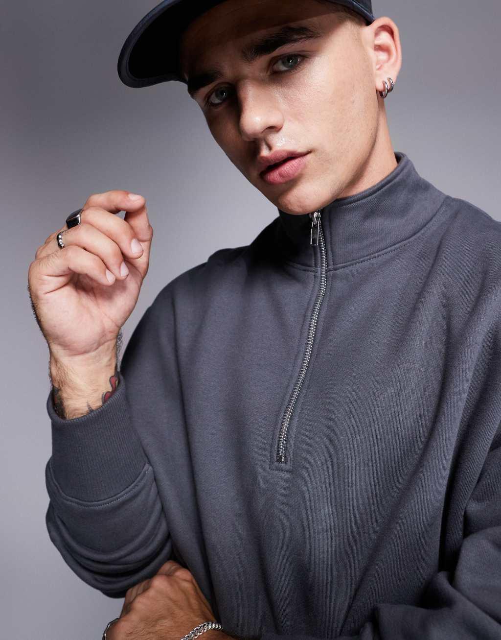 ASOS DESIGN premium heavyweight oversized quarter zip sweatshirt 400gsm in washed black Product Image