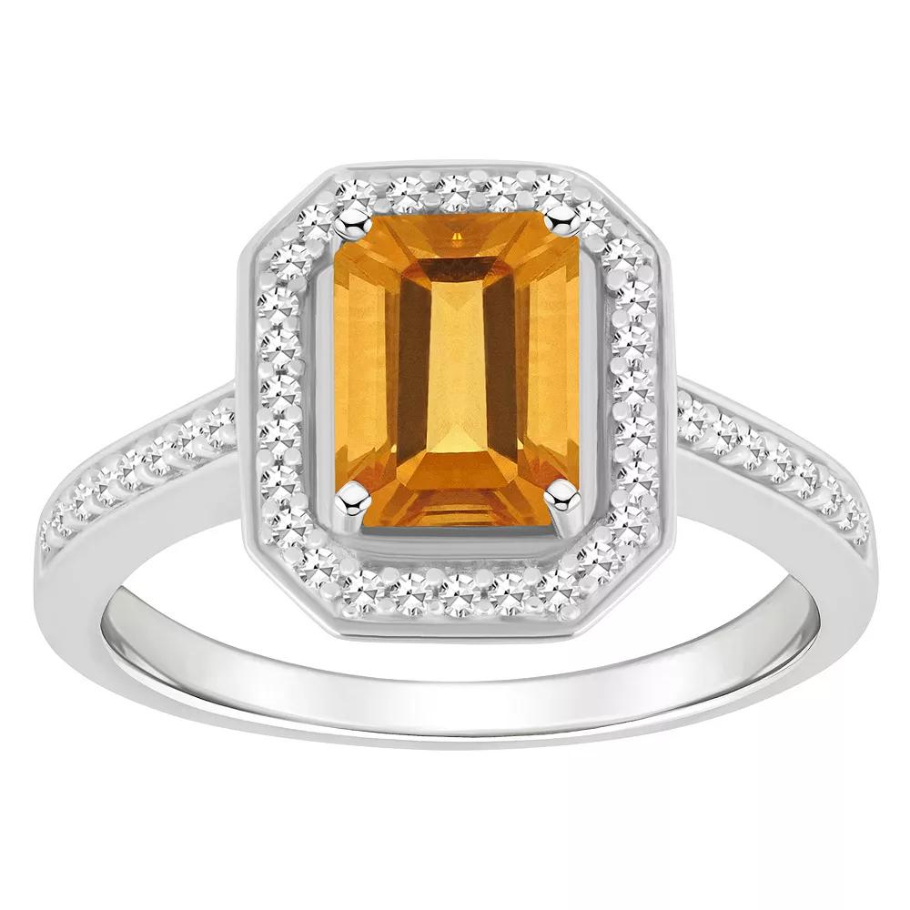 Celebration Gems Sterling Silver 8 mm x 6 mm Emerald Cut Gemstone & 1/5 Carat T.W. Diamond Halo Ring, Women's, Citrine Product Image