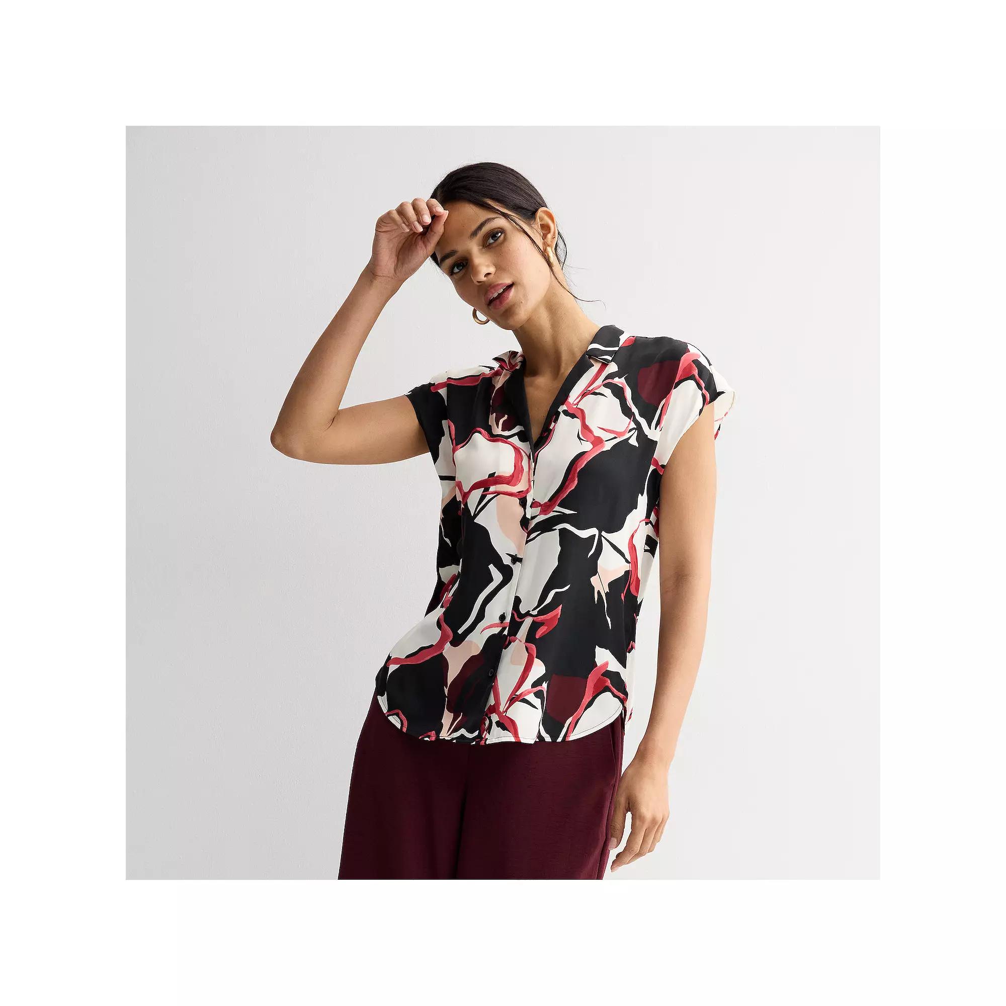 Women's Petite Nine West Short Sleeve Easy Lapel Shirt,  Product Image