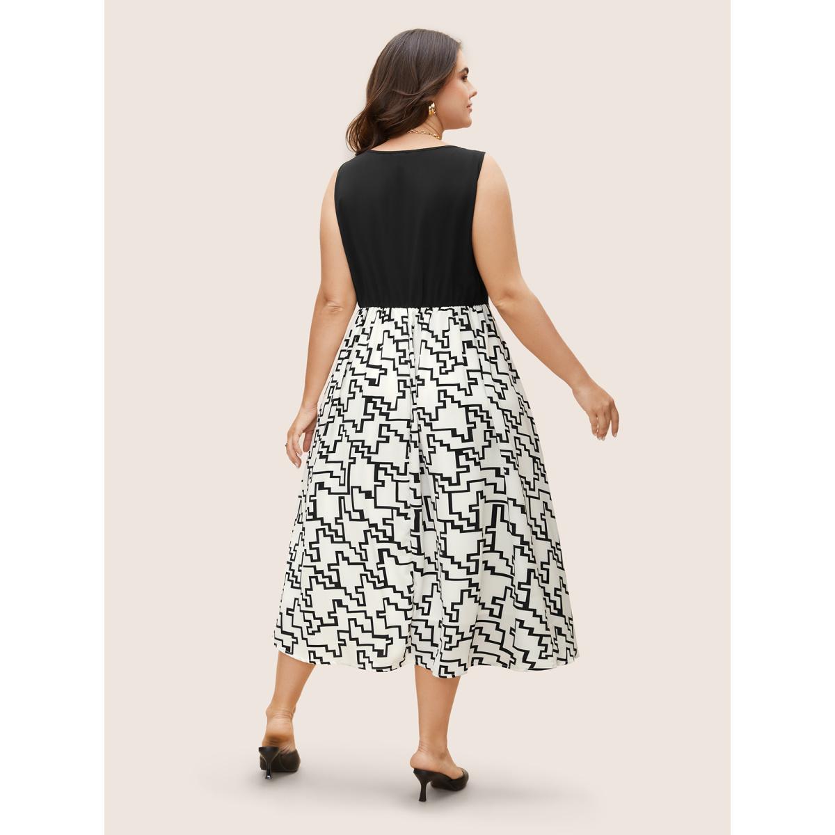 Plus Size Geometric Patchwork Crew Neck Tank Dress Black Women At the Office Contrast Round Neck Sleeveless Curvy BloomChic 12/L Product Image