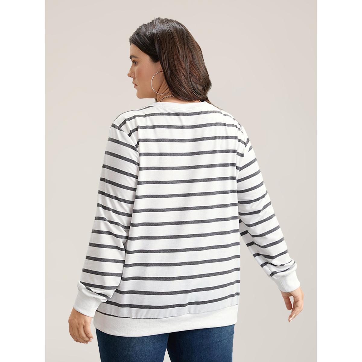 Plus Size Rib Knit Striped Round Neck Sweatshirt Women White Casual Non Round Neck Everyday Sweatshirts BloomChic 22-24/3X Product Image