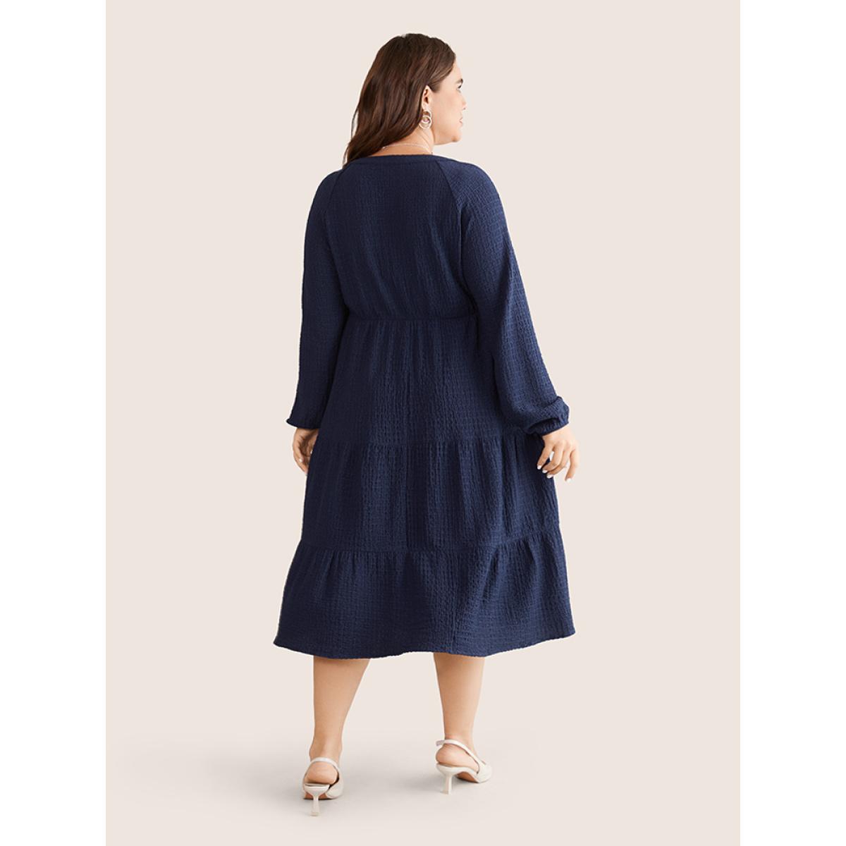 Plus Size Notched Button Detail Ruffle Layered Hem Dress Midnight Women Office Elastic cuffs Notched collar Long Sleeve Curvy Midi Dress BloomChic 18-20/2X Product Image